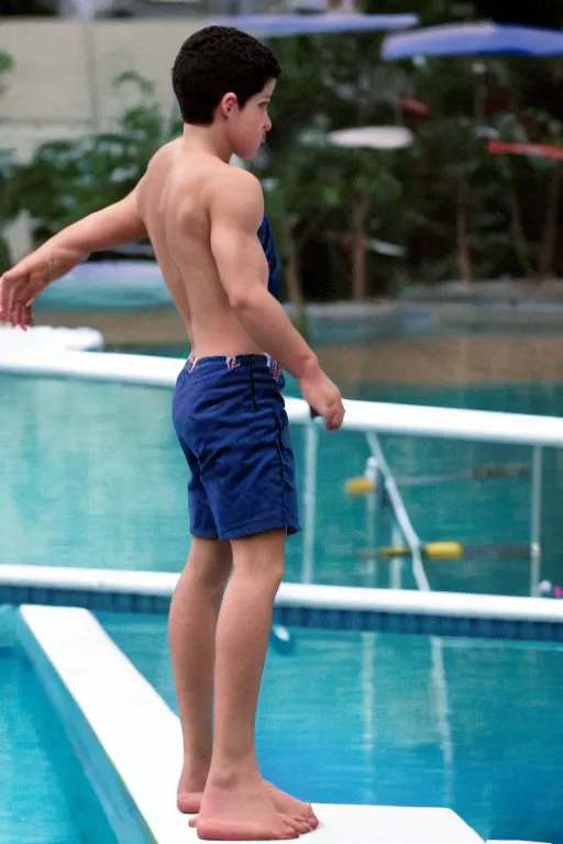 Image similar to close up still shot of young nick jonas standing on the diving board, summer olympics footage, 3 5 mm, highly detailed, disney channel original movie, dynamic lighting, subject centered in photo, octane render