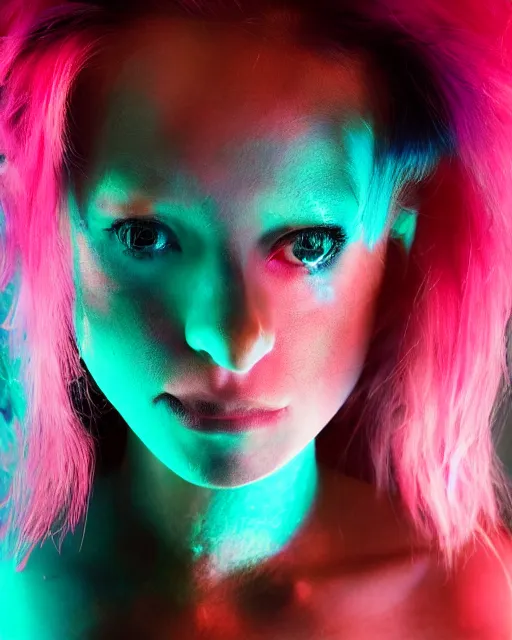 Image similar to a dramatic lighting photo of a beautiful young woman with cotton candy hair. blood splashes with a little bit of cyan and pink