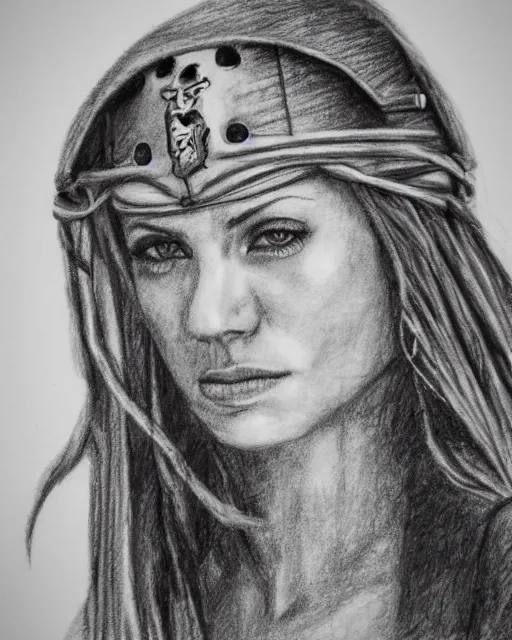 Image similar to A beautiful female warrior on a pirate ship at a deserted island, blended frame, realism pencil drawing on white paper, bald lines
