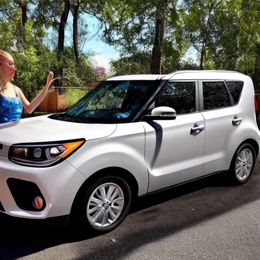 Prompt: belle Delphine drinking white claw sitting on the hood of a Kia Soul with peanut butter for wheels 8k