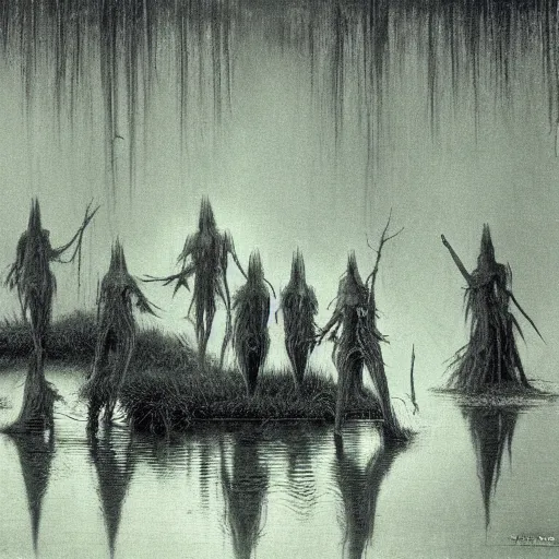 Image similar to occult members gather in a louisiana bayou swamp, highly detailed horror beksinski painting