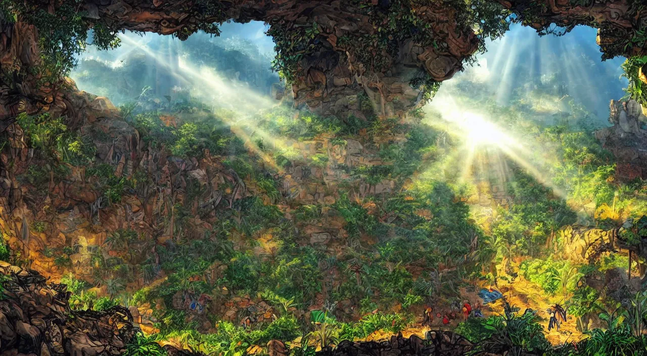 Image similar to zouk fabric wall fortress countryside jungle dirt a spectacular view cinematic rays of sunlight comic book illustration, by john kirby