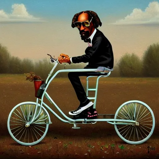 Image similar to Snoop Dogg on a tricycle, lowbrow painting by Mark Ryden