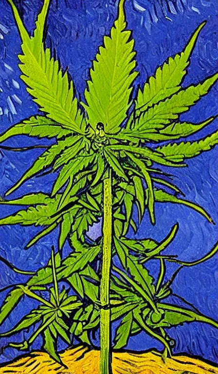 Image similar to devil spreads his hands against the background of growing cannabis. an oil painting in the style of van gogh