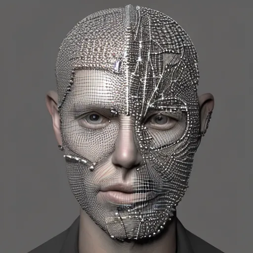 Image similar to highly detailed 3 d render of a cyborg head and face made from extreme numbers of tiny wires and beads, silver, gold, by russian artist igor goryunov, 8 k resolution, photo realistic symmetrical