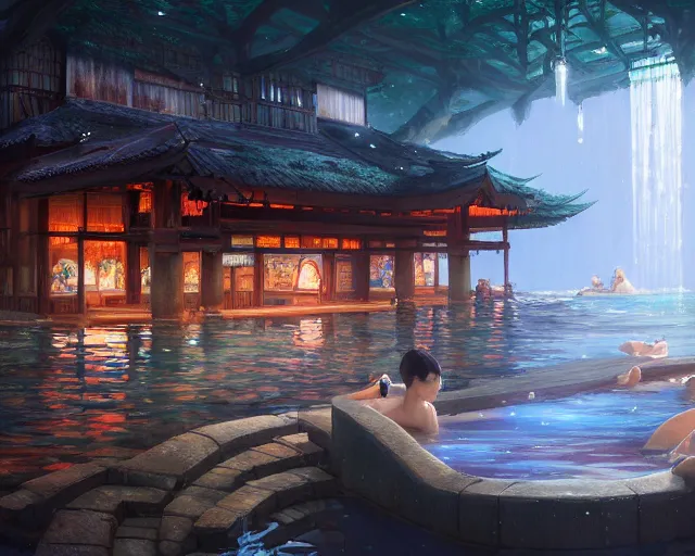 Image similar to highly detailed picture of an onsen, stephen bliss, unreal engine, fantasy art by greg rutkowski, loish, rhads, ferdinand knab, makoto shinkai and lois van baarle, ilya kuvshinov, rossdraws, tom bagshaw, global illumination, radiant light, detailed and intricate environment