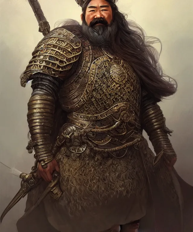 Image similar to old mongolian dwarf general portrait, armored, face, long hair, moustache, fantasy, intricate, elegant, highly detailed, digital painting, artstation, concept art, smooth, sharp focus, illustration, art by artgerm and greg rutkowski and alphonse mucha