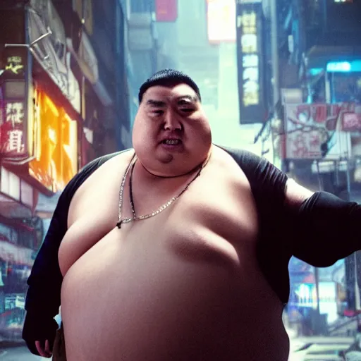 Image similar to very fat very obese half-chinese half-caucasian crime boss, scifi cyberpunk, movie still
