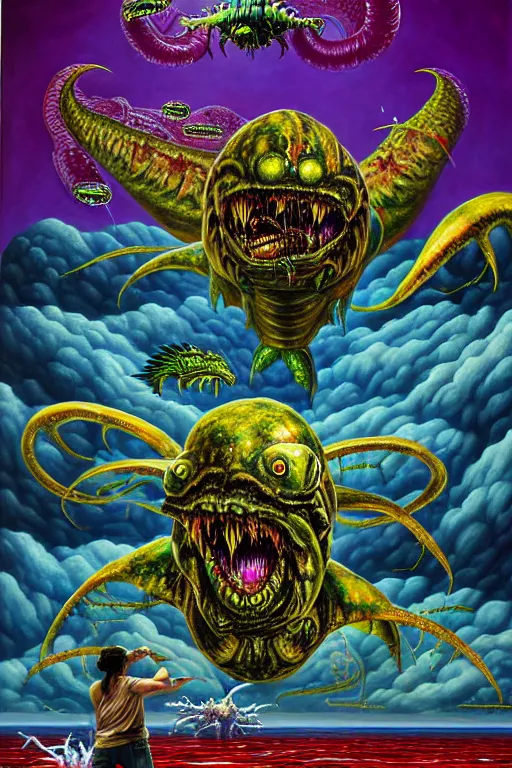 Image similar to a hyperrealistic painting of an epic boss fight against a battleship creature vs a flying biological jelly monster, cinematic horror by jimmy alonzo, the art of skinner, chris cunningham, lisa frank, richard corben, highly detailed, vivid color,