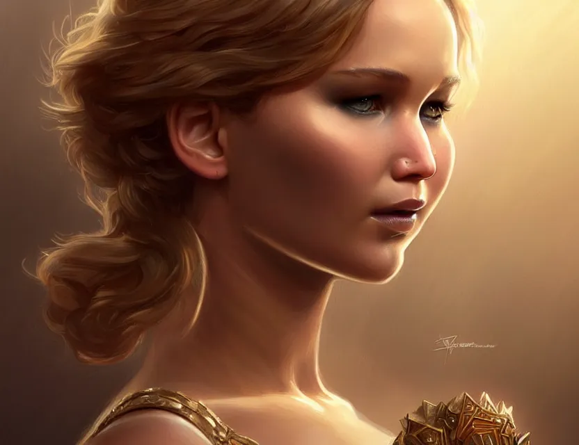 Image similar to Jennifer Lawrence, closeup, D&D, fantasy, intricate, elegant, highly detailed, digital painting, artstation, concept art, matte, sharp focus, illustration, hearthstone, art by Artgerm and Greg Rutkowski and Alphonse Mucha