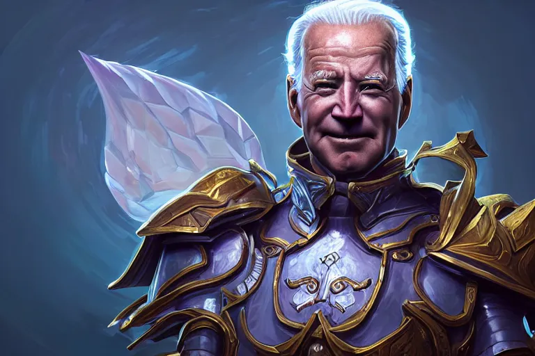 Image similar to portrait of crystal king joe biden, illuminated armor, detailed fantasy face, rule of thirds, league of legends splash art, path traced, enigmatic lighting, crimson gradient, shinji aramaki, karol bak, alphonse mucha, colin searle, artstation, ray tracing, octane unreal engine 5, digital painting