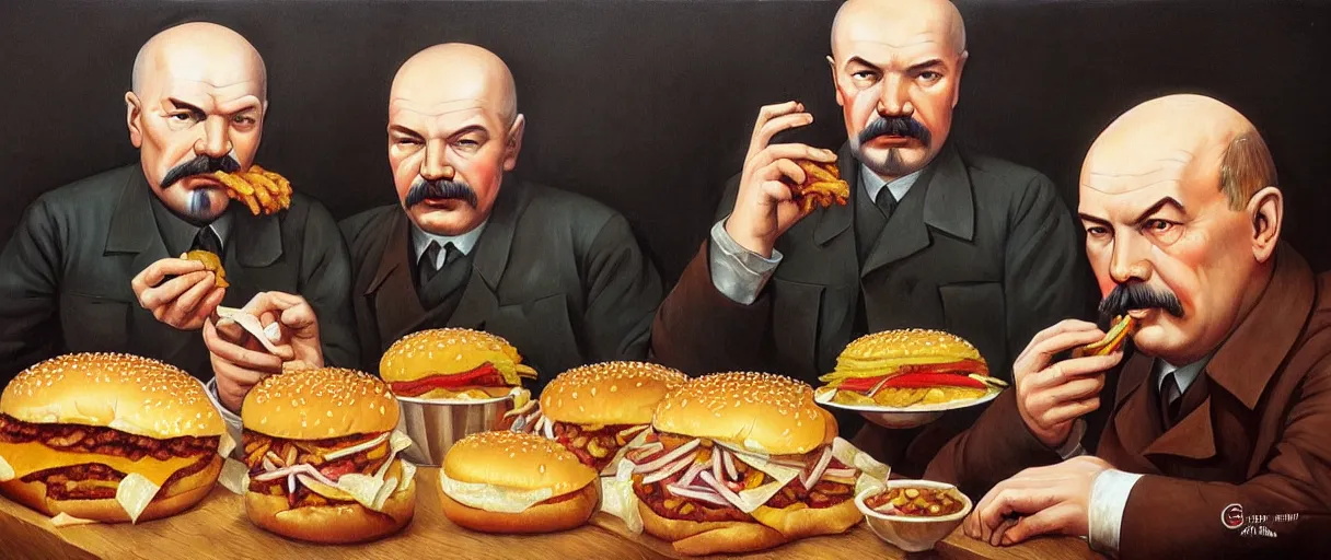Image similar to portrait of lenin and stalin eating hamburgers, extra onions and ketchup, luscious patty with sesame seeds, ethereal, holy sacred light rays, handsome, D&D, fantasy, intricate, elegant, highly detailed, digital painting, artstation, concept art, matte, sharp focus, illustration, art by Artgerm and Greg Rutkowski and Alphonse Mucha