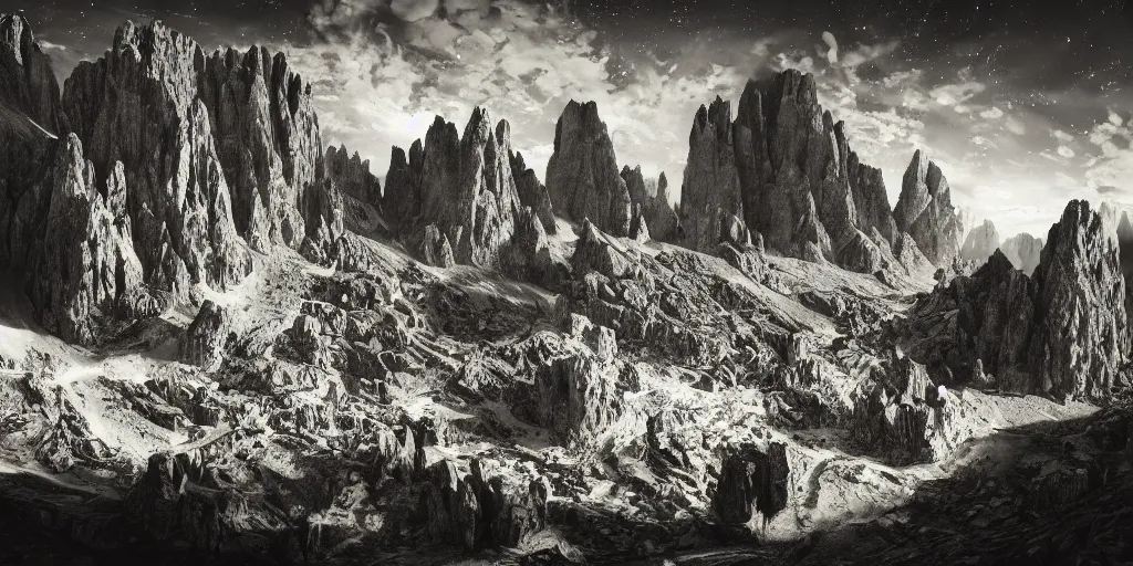 Prompt: photography of dolomites crumbling away, fracture, nightsky, stars like circles, alpine, detailed intricate insanely detailed octane render, 8k artistic 1920s photography, photorealistic, chiaroscuro, hd, by David Cronenberg, Raphael, Caravaggio