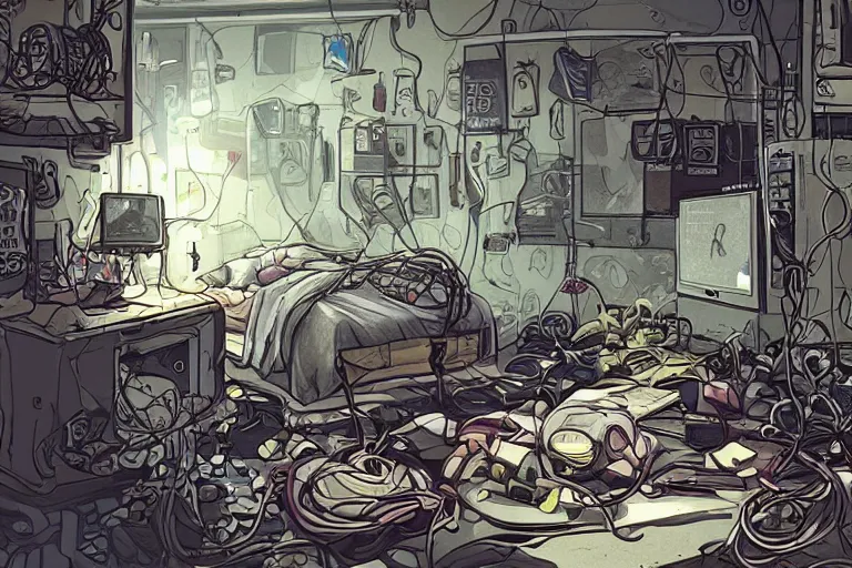 Image similar to a highly detailed illustration of a messy gamer's bedroom, tangled wires, dim lights, messy bed, a sink, cyberpunk, dystopian,