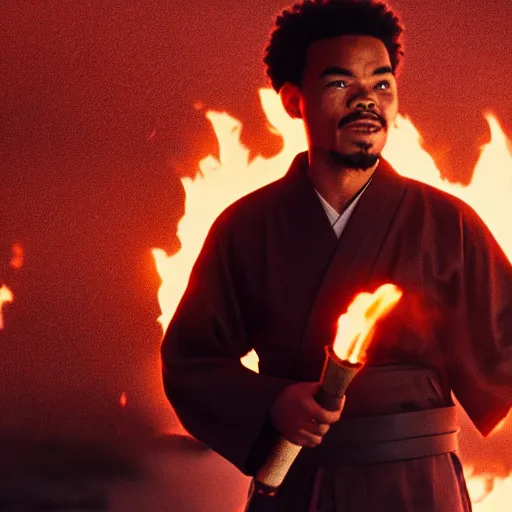 Image similar to cinematic film still of Chance The Rapper starring as a Samurai holding fire, Japanese CGI, VFX, 2022, 40mm lens, shallow depth of field, film photography