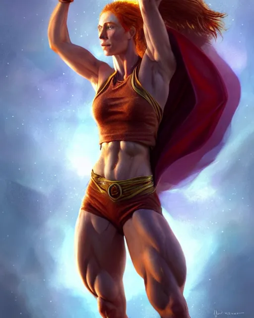 Prompt: muscular female superhero, perfect face, halter top, ginger hair, abs, cinematic, freckles, stunning, cape, athletic, strong, agile, highly detailed, psychedelic, digital painting, artstation, smooth, hard focus, illustration, art by jessica rossier and and brian froud