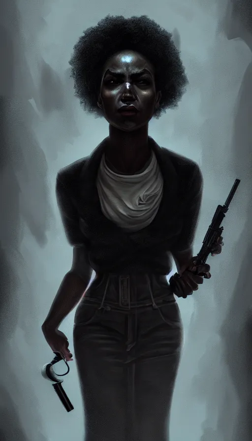 Image similar to gritty noir, black woman detective in nightmare, psychopath, angel, foreboding, planets, sky, dream, highly detailed, digital painting, refreshing, trending on artstation, octane render, illustration by james jean