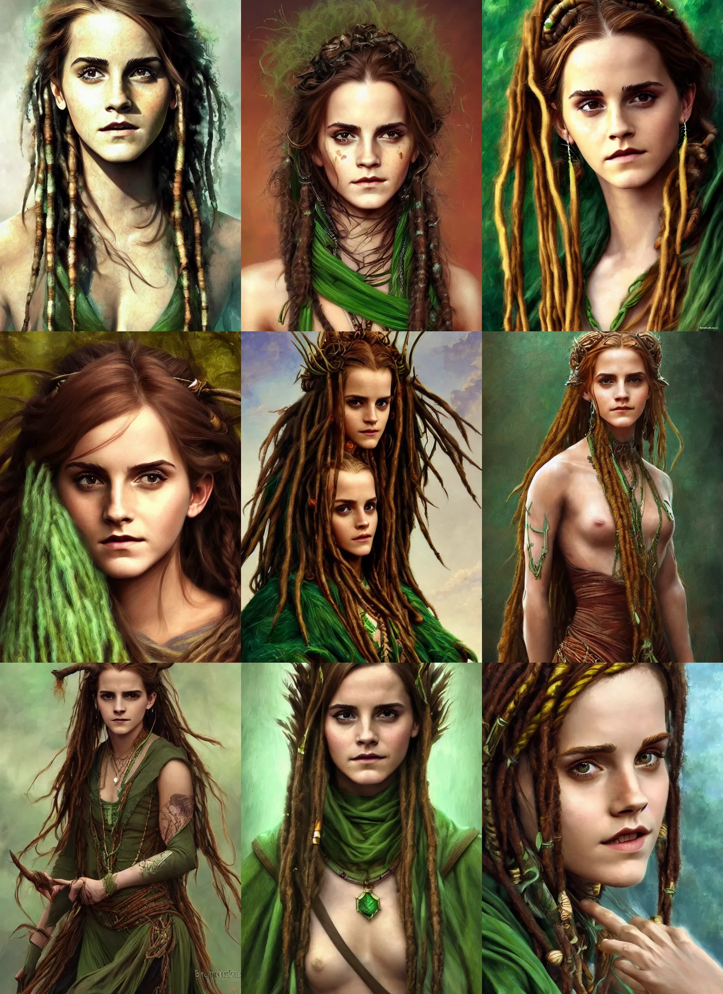 Prompt: redskin emma watson as druidess, long dreadlocks, brown and green cloth, shiny background, intricate, elegant, highly detailed, digital painting, artstation, concept art, smooth, sharp focus, illustration, artgerm, bouguereau