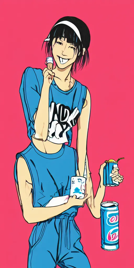 Image similar to y 2 k aesthetic japanese pop - culture magazine illustration, girl in tank - top and denim jump suit holding a can of soda near her smiling face