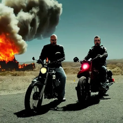 Image similar to photo of walter white and jesse pinkman riding motorcycles with an exploding building on fire behind them, color, cinematic lighting, highly detailed