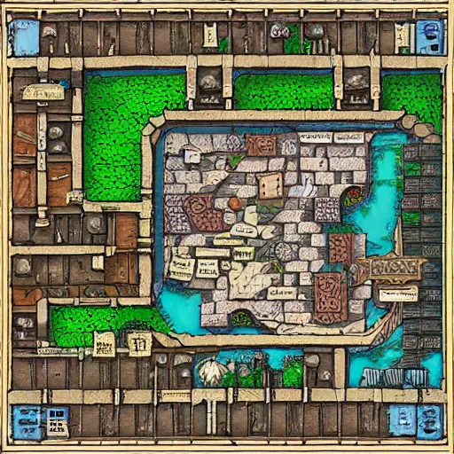 Image similar to map of a dungeon in waterdeep, isometric, detailed, game, dungeons and dragons, tiled, birds eye view