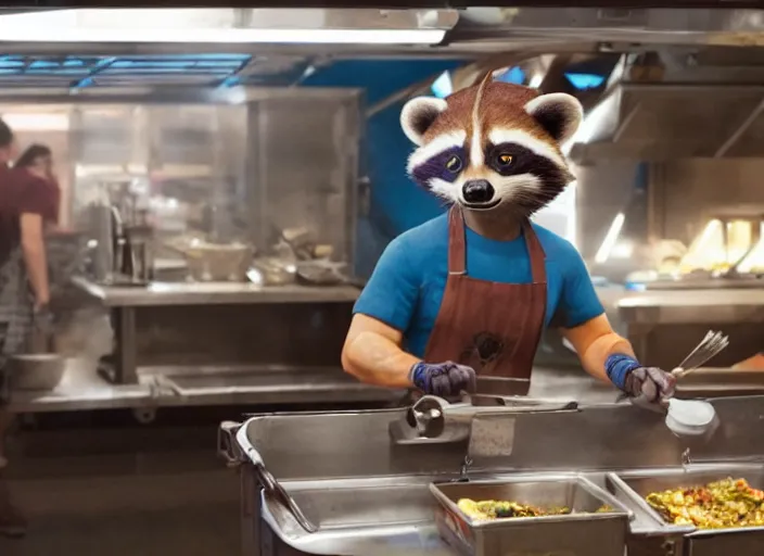 Image similar to film still of Rocket Racoon working as a food truck chef in the new Guardians of the Galaxy movie, 4k