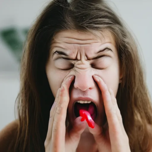 Prompt: woman with fingers crawling out of her mouth