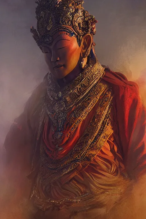 Prompt: Tibetan god, portrait, powerfull, intricate, elegant, volumetric lighting, scenery, digital painting, highly detailed, artstation, sharp focus, illustration, concept art, ruan jia, steve mccurry