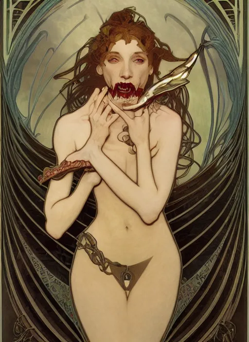 Image similar to portrait of a vampire!!!! with a sea lamprey!!!! mouth!!!, in the styles of ( national geographic ), alphonse mucha, peter mohrbacher, gerald brom, and marc simonetti, intricate, hyperrealistic, volumetric lighting