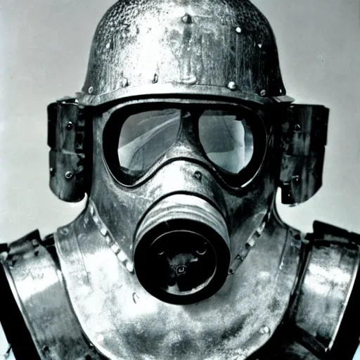 Prompt: a man wearing armor made of gasmasks, film still, arriflex 3 5