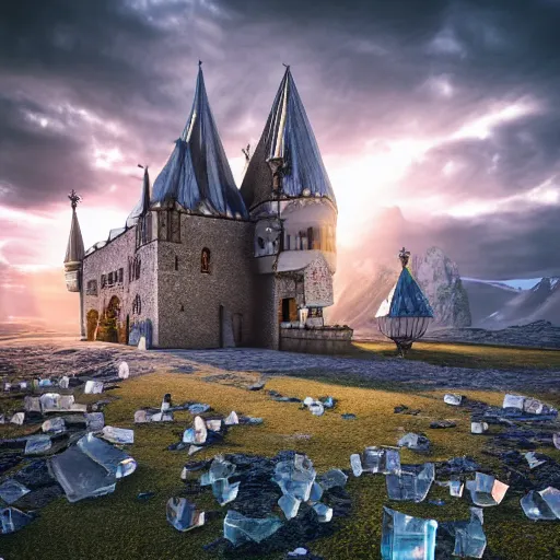 Image similar to medieval baroque castle made of crystal shards, epic landscape, iceland photography, cinematic, octane render, art station, dramatic lighting, beautiful dusk sky, concept art, rococo, photorealistic, intense detail, 8 k