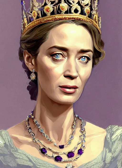 Image similar to portrait of emily blunt as queen, jewelry, greek, silk, sapphire, victorian age, 1 8 9 0, intricate, headshot, key visual, conceptart, ambient lighting, highly detailed, digital painting, artstation, concept art, sharp focus, by makoto shinkai and akihiko yoshida and greg manchess