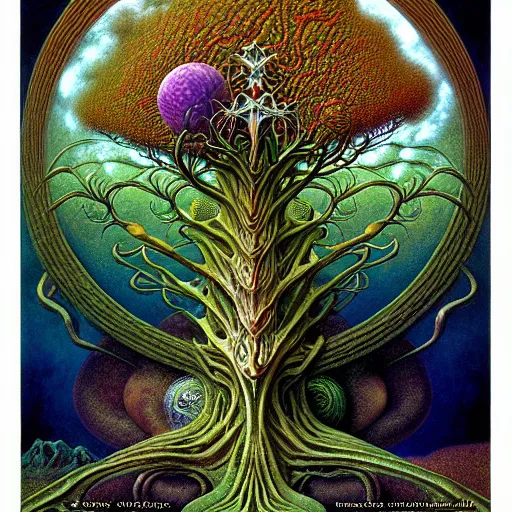 Image similar to divine chaos engine by roger dean and andrew ferez, tree of life, symbolist, visionary, detailed, realistic, surreality, art forms of nature by ernst haeckel, deep rich moody colors, botanical fractal structures