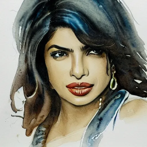 Prompt: Beautiful detailed watercolor medium shot of Priyanka Chopra by Bill Sienkiewicz, trending on pinterest
