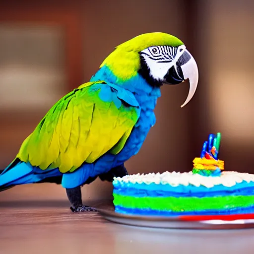 Image similar to photo of parrot eating a birthday cake, highly detailed, cinematic, strong bokeh, 4 k