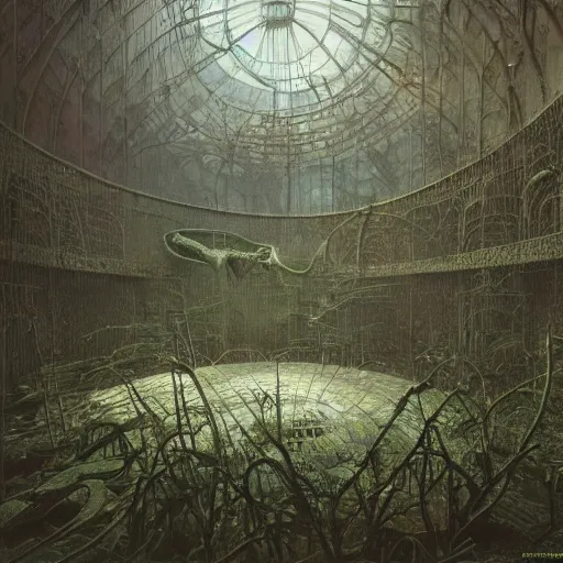 Image similar to flooded overgrown interior of boeing, matte painting, oil painting, by beksinski and giger, photoreal, highly detailed, hd, 8 k