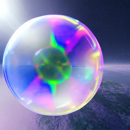Image similar to a giant holographic soap bubble floating in space, unreal engine 5