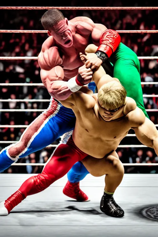 Image similar to john cena wrestling with kamen rider, high resolution, smooth, photorealistic, intricate, face features, body features, photorealistic, smooth, 4 k, aesthetic lighting, baroque object, sharp focus, hyperdetailed object, by : canon eos 5 d mark iv and sigma 7 0 - 2 0 0 mm f / 2. 8 dg os hsm sports