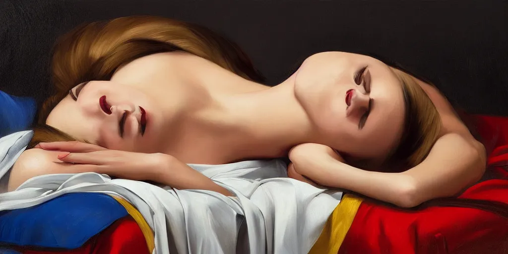 Image similar to beautiful oil matte portrait painting, young woman with closed eyes lying on a red bedsheet with blue pillows wearing a mustard yellow dress, detailed face, wonderful masterpiece, highly detailed, beautiful cinematic light, deep focus, elegant, digital painting, smooth, sharp focus, golden ratio, dramatic illumination, ultra realistic, 8 k, art by jimmy law and caravaggio