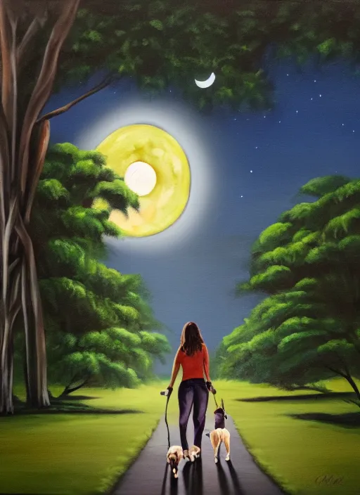 Image similar to young brown woman walking her dog in a park at night with a full moon, ceiba trees, acrylic painting, photoreal, fantasy