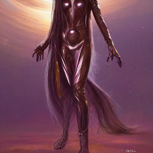 Image similar to pleiadian woman with big eyes and long silver hair wearing a dark body suit and wielding a plasma gun as a realistic sci fi character, portrait art by donato giancola and greg rutkowski, digital art, trending on artstation, standing in a barren field