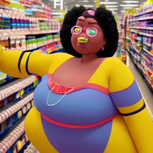 Prompt: high quality still of black bbw woman, 3d, in the style of pixar, comic book style, pushing cart in wal mart, highly detailed, 16k resolution, octane renderer, coherent