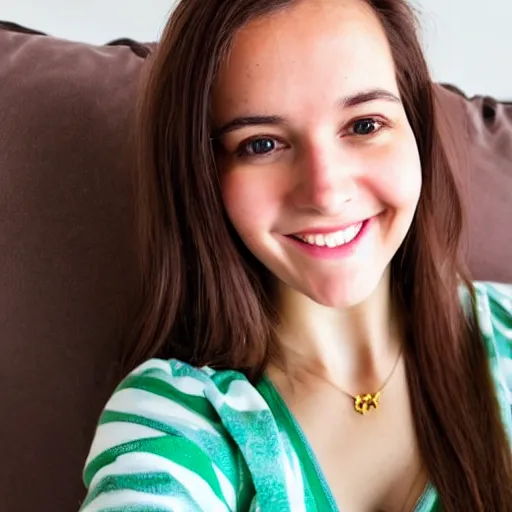 Image similar to Selfie photograph of a cute young woman smiling, long shiny bronze brown hair, full round face, emerald green eyes, medium skin tone, light cute freckles, smiling softly, wearing casual clothing, relaxing on a modern couch, interior lighting, cozy living room background, close-up shot, professional photography