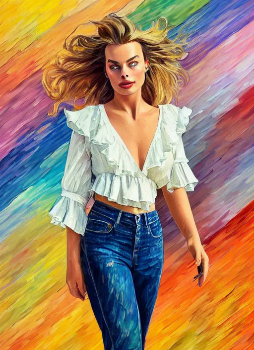 Image similar to margot robbie, frilly blouse, jeans, half body shot, path traced, highly detailed, high quality, digital painting, alena aenami, leonid afremov, lilia alvarado, shinji aramaki, karol bak, alphonse mucha, tom bagshaw