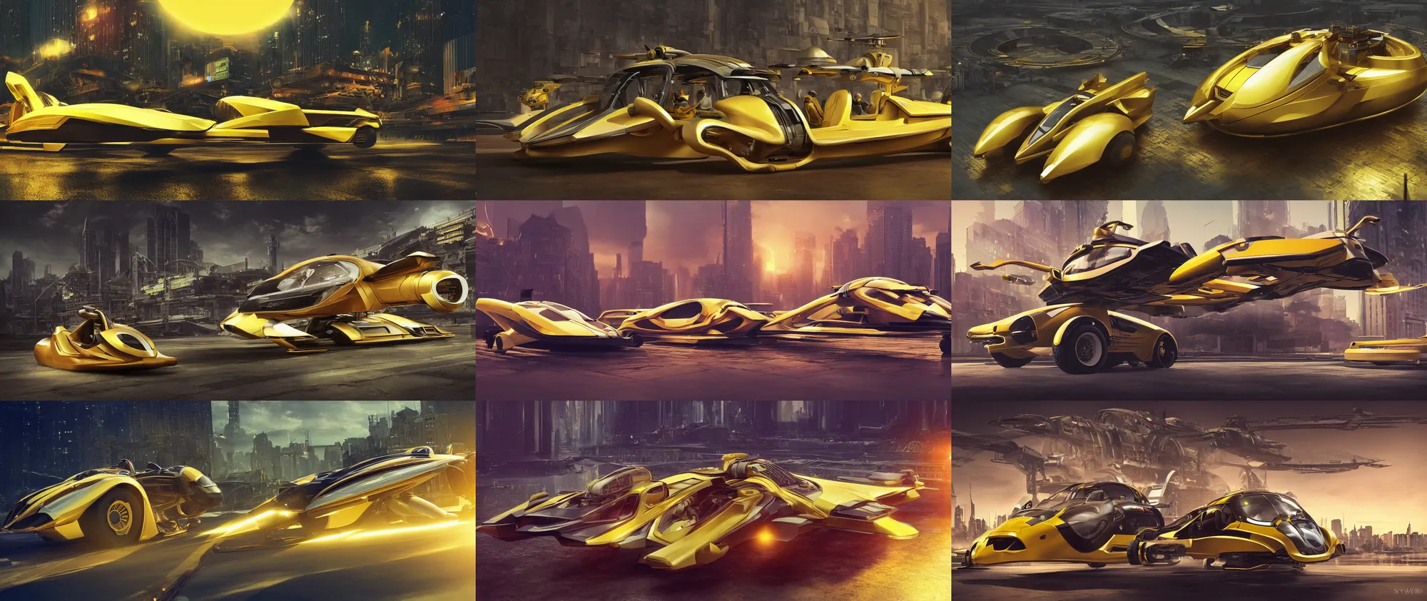 Prompt: Personal hovercraft vehicle designed by Syd Mead, hypermaximalistic, high details, cinematic, 8k resolution, beautifully detailed, insanely intricate details, artstation trending, octane render, hard surface model, warm yellow lights, golden hour, city background in silhouette,