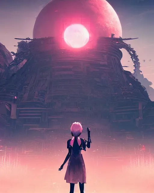 Image similar to beautiful landscape, nier automata, protoss temple!!!, machine planet, pink sun, advanced technology, cinematic lighting, highly detailed, masterpiece, art by bastien grivet and darwin cellis and jan urschel