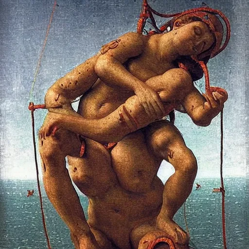 Prompt: a woman entangled in the cables in the style of the laocoon of the vatican and max ernst