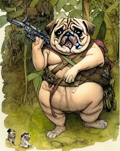 Prompt: a realistic and atmospheric watercolour fantasy character concept art portrait of a fat adorable chibi pug soldier in the jungle, by rebecca guay, michael kaluta, charles vess and jean moebius giraud