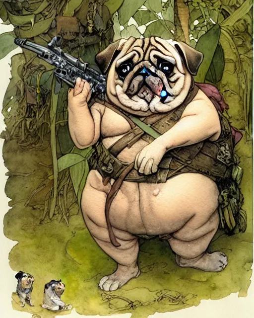 Image similar to a realistic and atmospheric watercolour fantasy character concept art portrait of a fat adorable chibi pug soldier in the jungle, by rebecca guay, michael kaluta, charles vess and jean moebius giraud