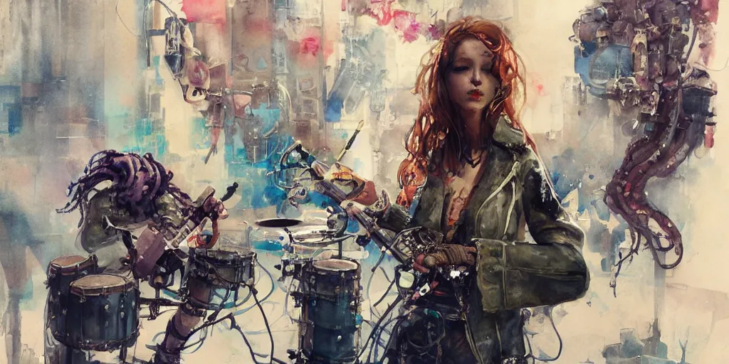 Prompt: Octopus girl playing R&R drum kit in the spotlight with rock band concert, cyberpunk, realistic, detailed, Industrial Scifi, paint, watercolor, in the style of Ashley Wood and Wadim Kashin